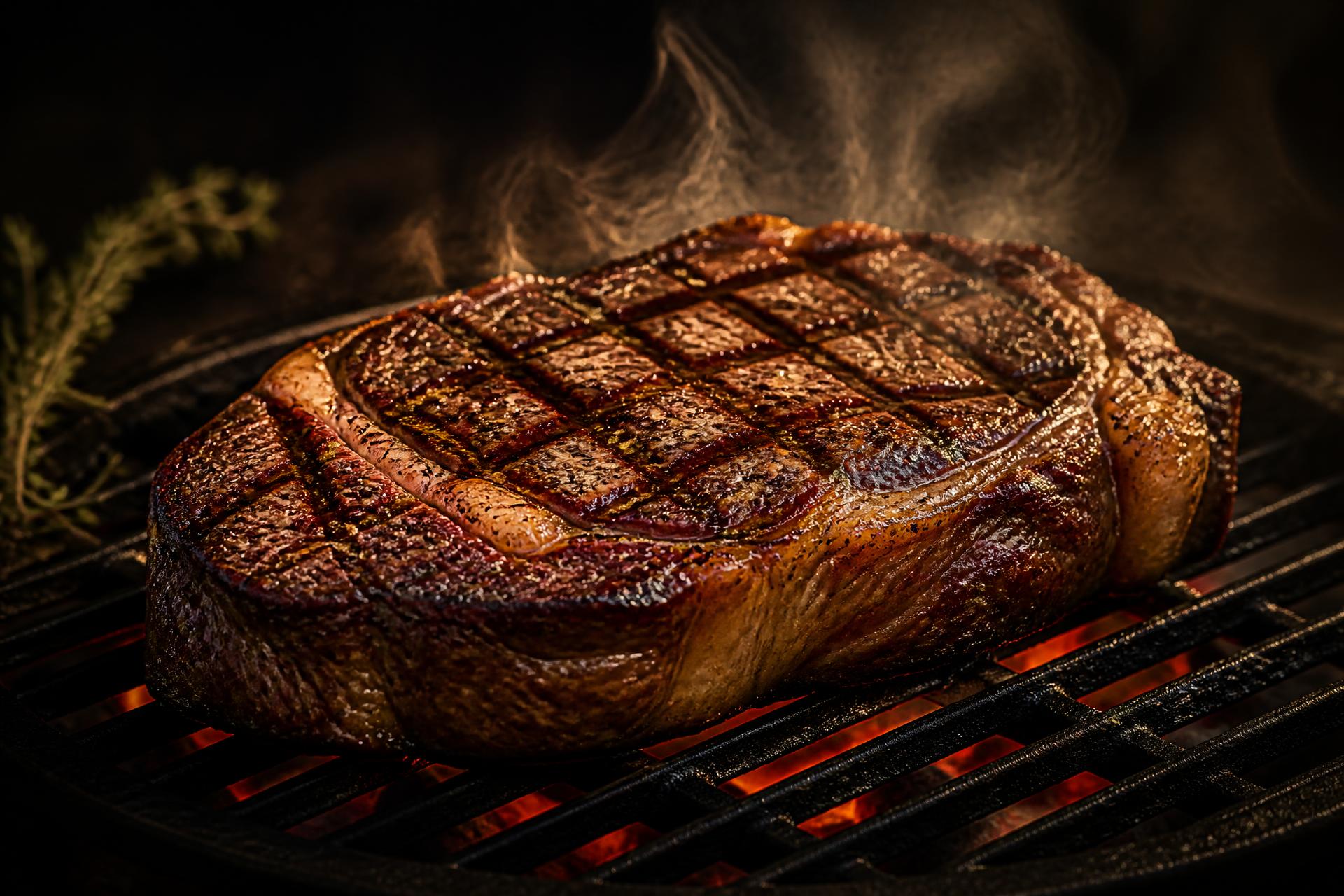 A thick ribeye steak searing over hot coals